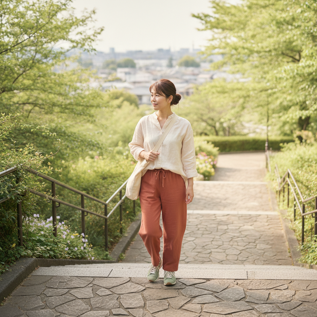 オンラインで伴走者に相談しながら、お腹周りの変化と向き合う40代女性のイメージ