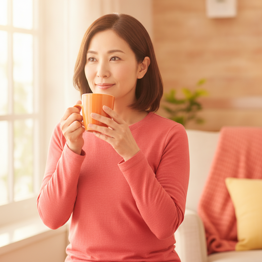 ストレスと上手に付き合いながら穏やかに過ごす40代女性のイメージ