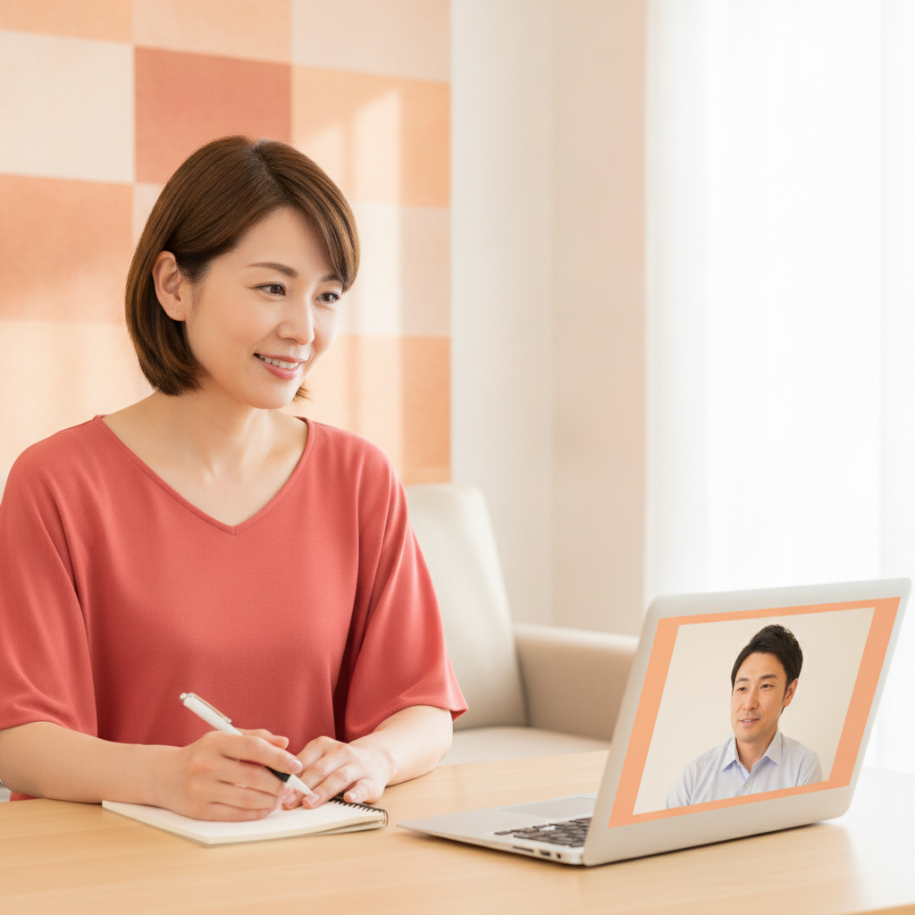 オンラインで伴走者に相談しながら自宅ダイエットに取り組む40代女性のイメージ