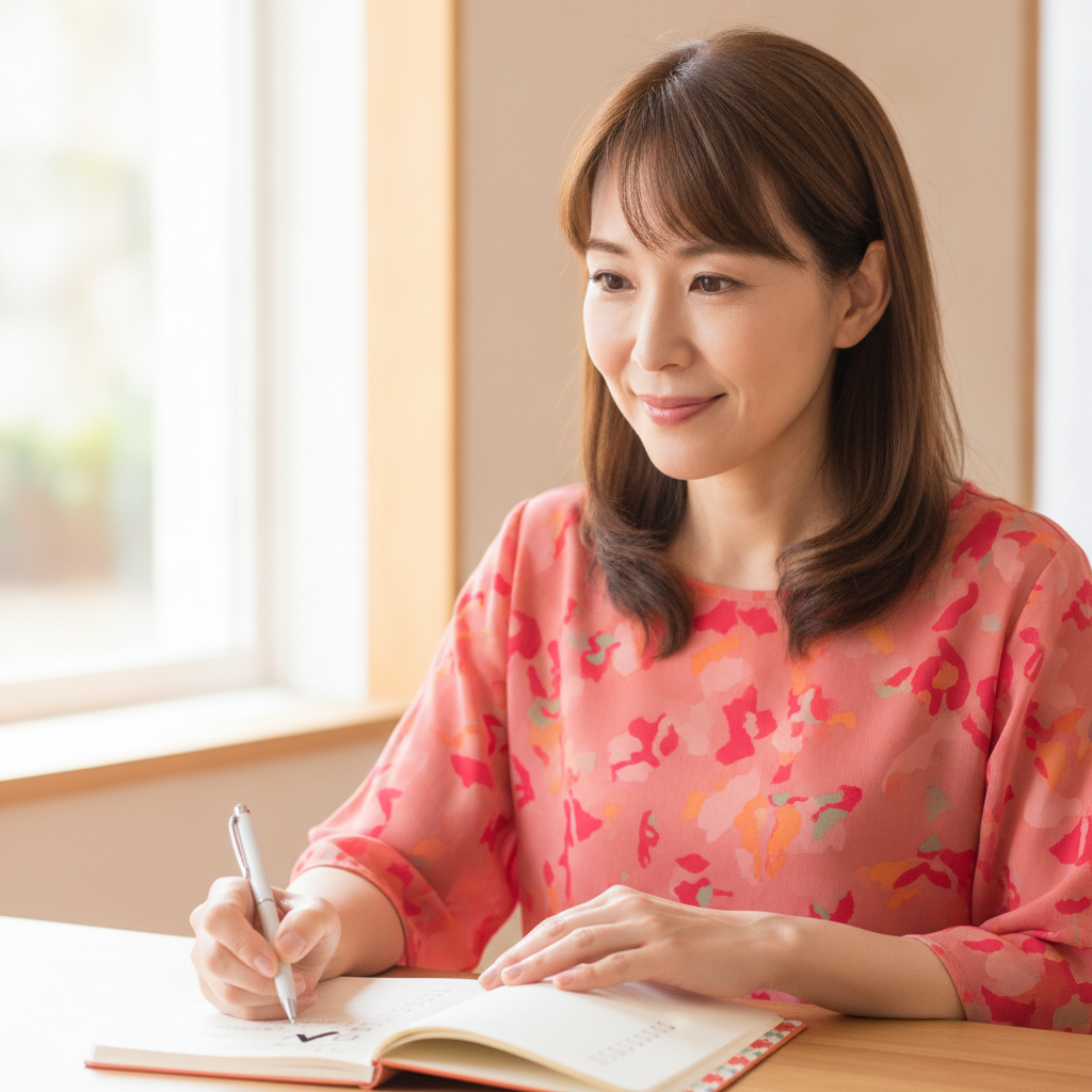 4つのチェックリストを終え、落ち着いて次の一歩を考える40代女性のイメージ