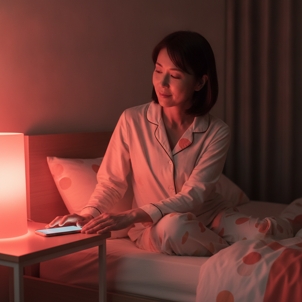 就寝前にスマートフォンを置いて、穏やかに眠る準備をする40代女性のイメージ