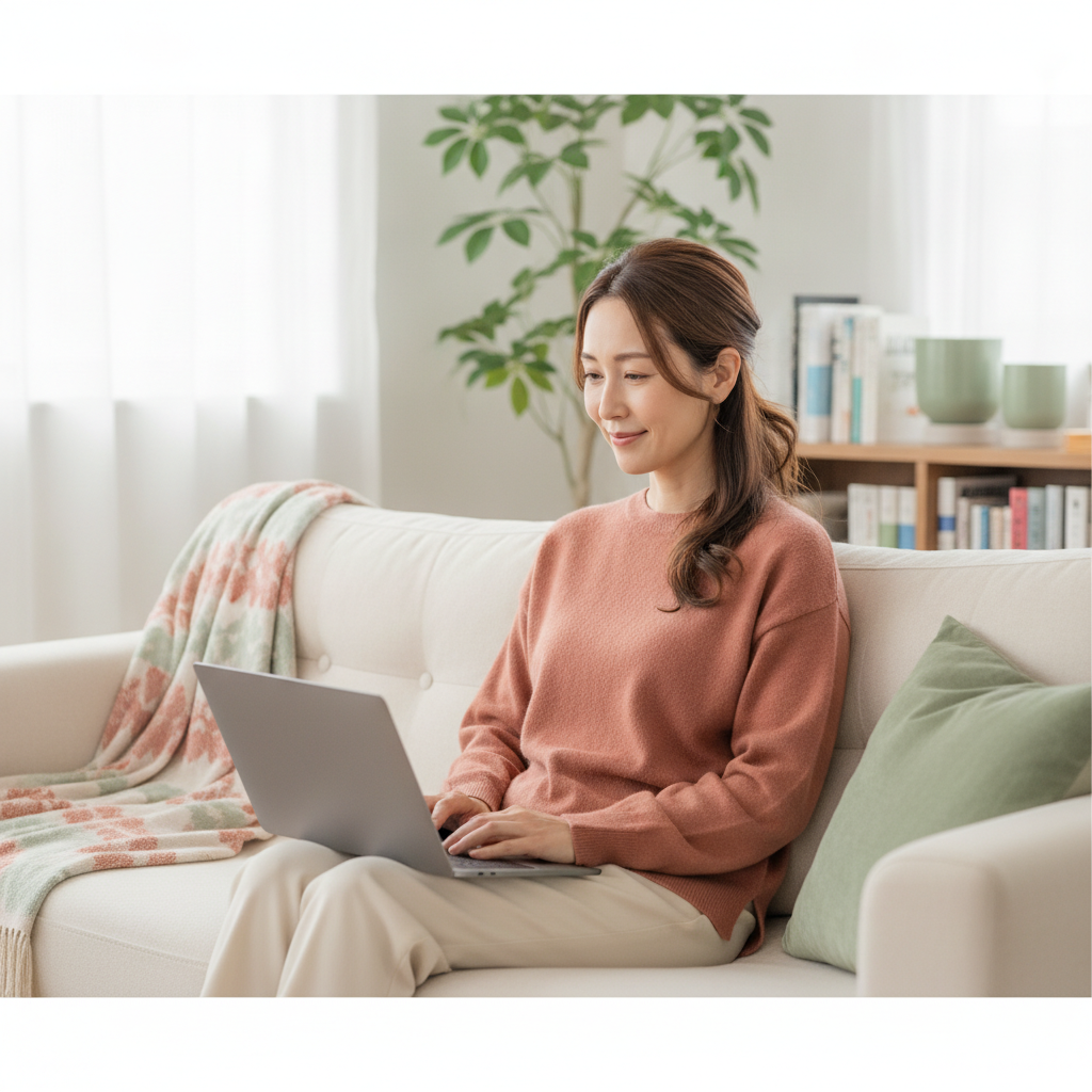 自宅でオンラインカウンセリングを受ける40代女性のイメージ