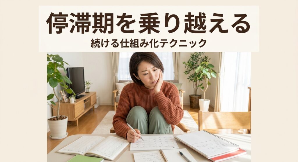 ダイエットの停滞期を乗り越える「続ける仕組み化」テクニックを紹介する記事のアイキャッチ画像