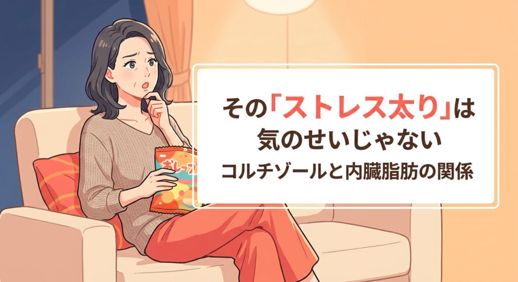 ストレス太りは意志が弱いせいではなく、コルチゾールという体の反応であることを伝える記事のアイキャッチ画像