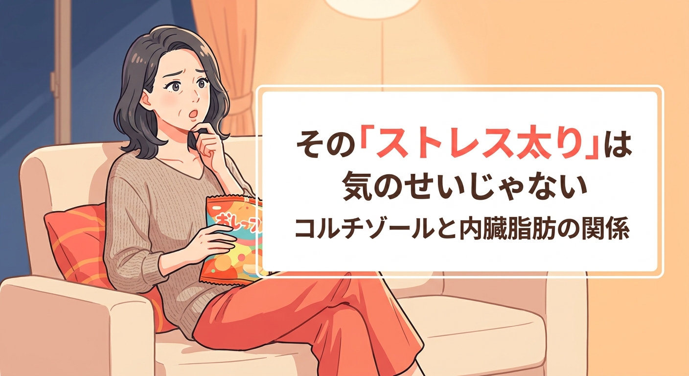 ストレス太りは意志が弱いせいではなく、コルチゾールという体の反応であることを伝える記事のアイキャッチ画像
