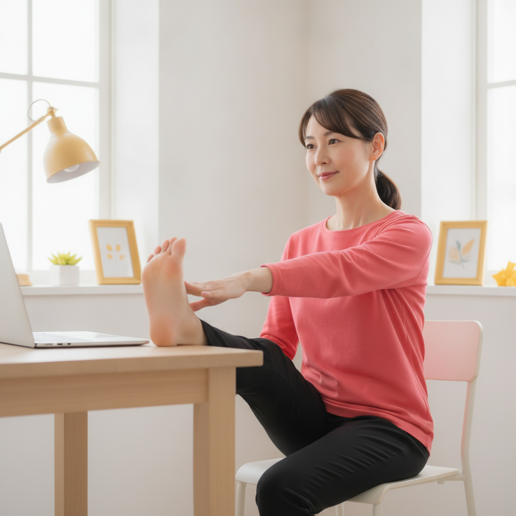 デスクワークの合間に足のストレッチをする40代女性のイメージ