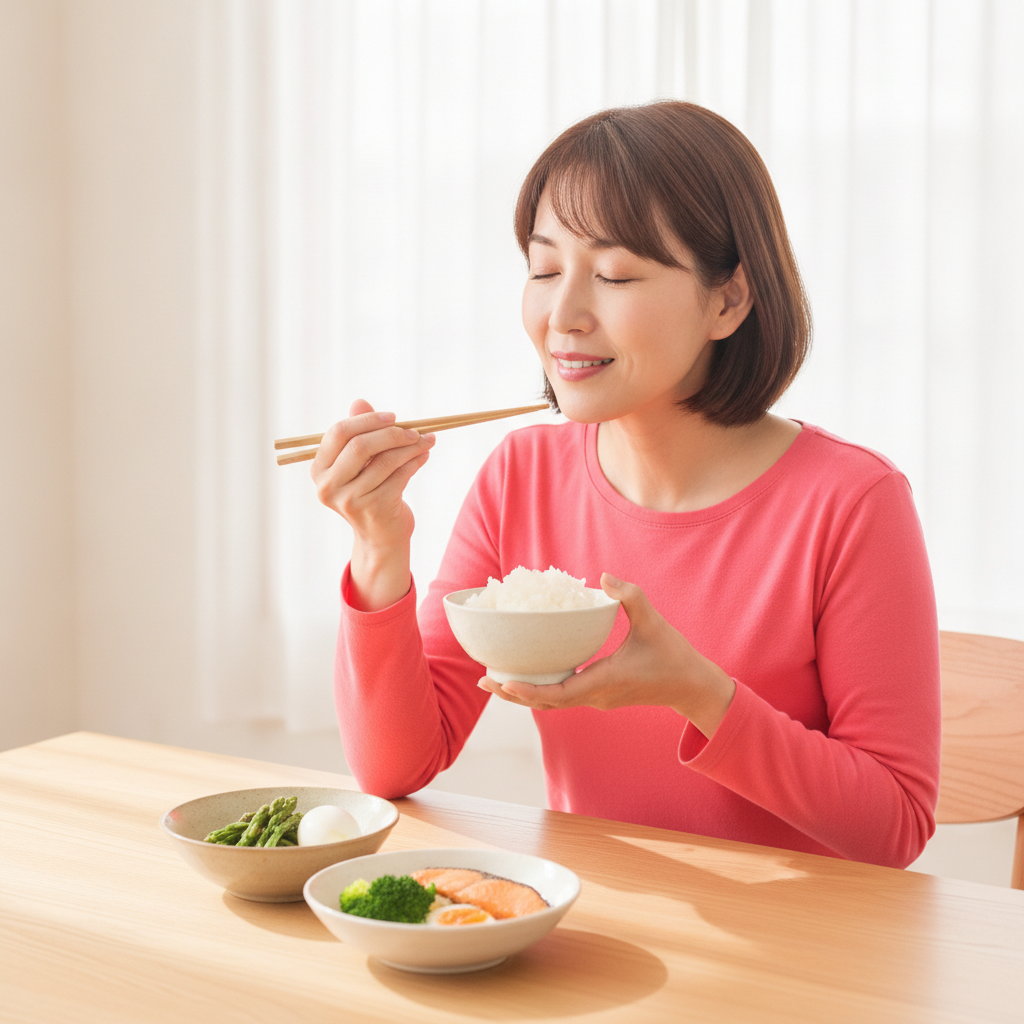 炭水化物も含めたバランスの良い食事を心地よく食べる40代女性のイメージ