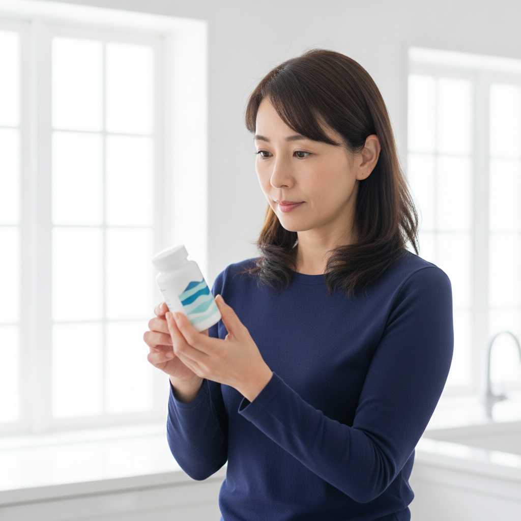 サプリメントのラベルで成分表示を確認する40代女性のイメージ