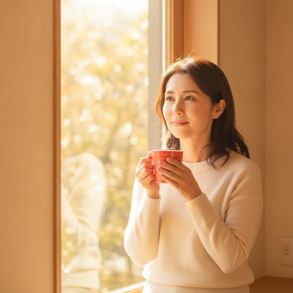 体重の増減に一喜一憂せず、穏やかな気持ちでダイエットに向き合えるようになった40代女性のイメージ