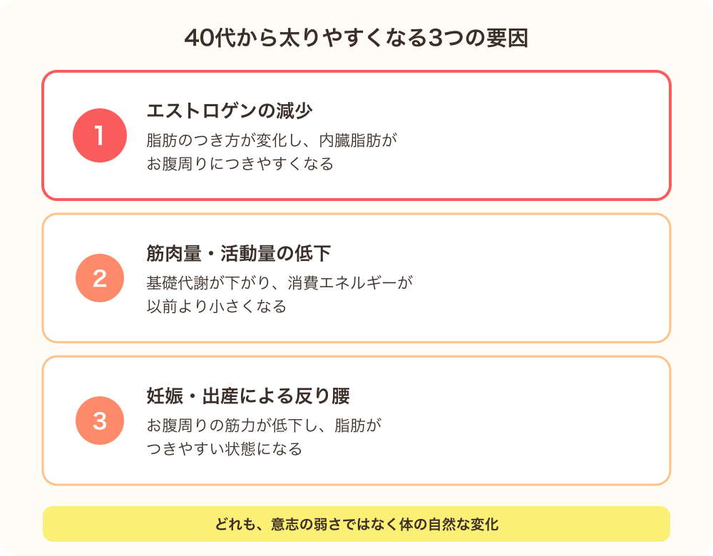40代から太りやすくなる3つの要因（エストロゲンの減少・筋肉量活動量の低下・反り腰）を示す図解
