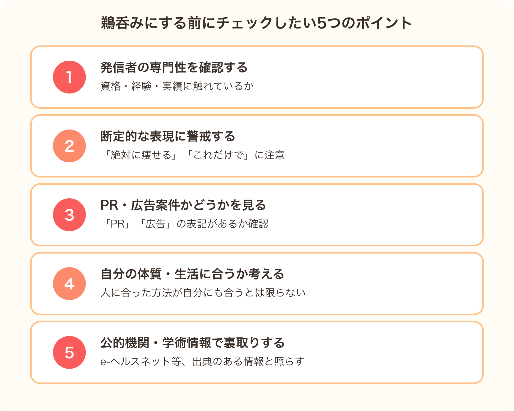 SNS・インフルエンサーの情報を鵜呑みにする前にチェックしたい5つのポイントを示す図解