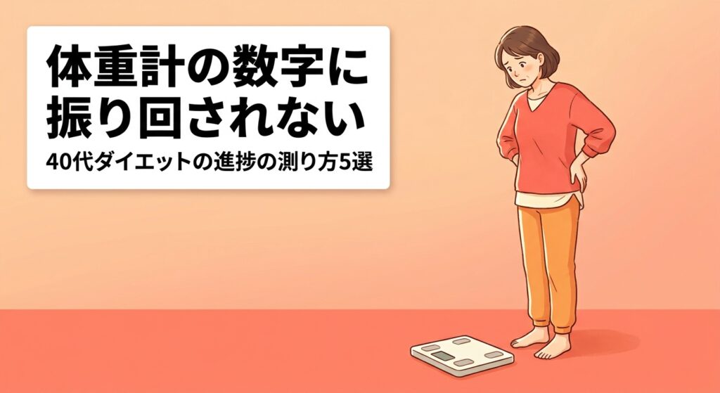 体重計の数字を見て軽く首をかしげる40代女性、体重計の数字に振り回されない進捗の測り方を紹介する記事のアイキャッチ画像