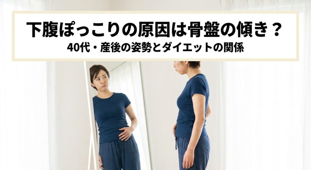 下腹ぽっこりを気にして横から鏡を見る40代女性のイメージ、記事のアイキャッチ画像