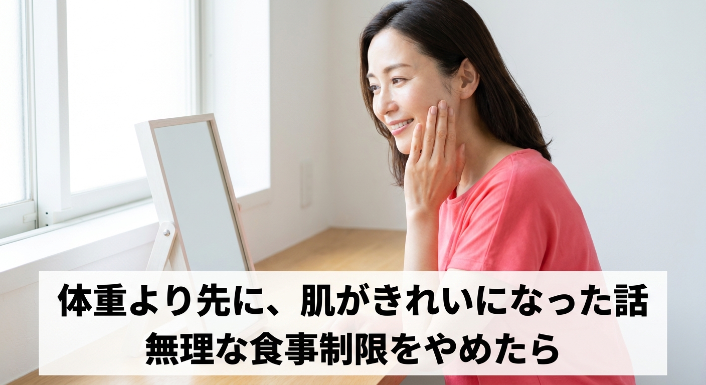 無理な食事制限をやめて肌つやが良くなった40代女性のイメージ、記事のアイキャッチ画像