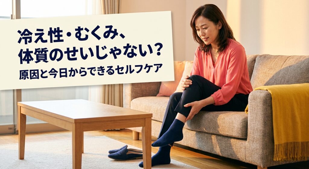 夕方に脚のむくみを気にする40代女性のイメージ、記事のアイキャッチ画像