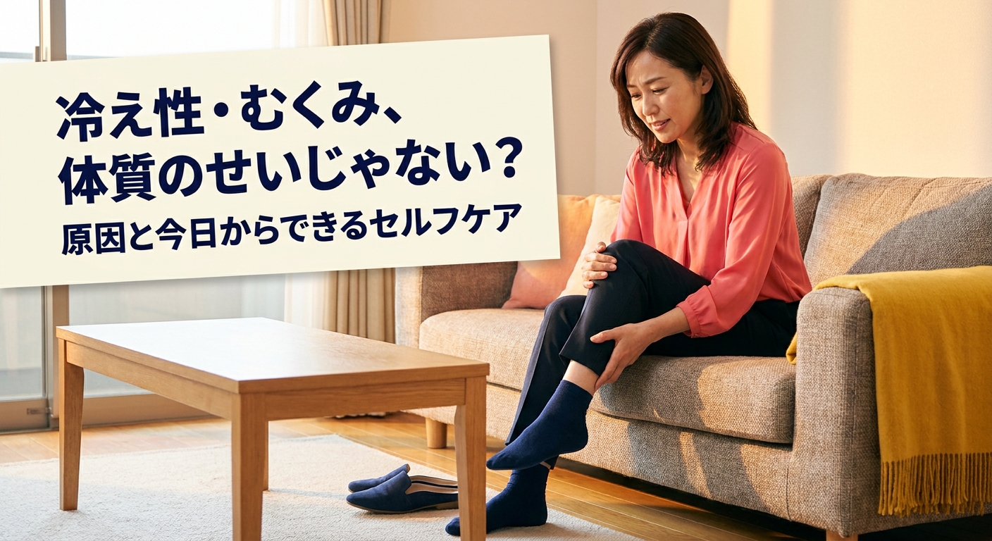 夕方に脚のむくみを気にする40代女性のイメージ、記事のアイキャッチ画像