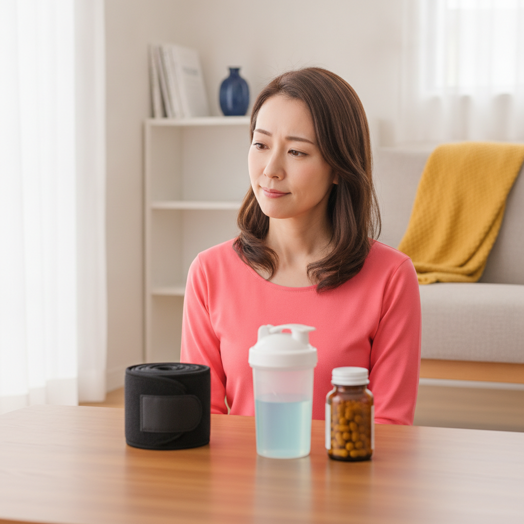 健康グッズを手に、本当に効果があるのか考える40代女性のイメージ