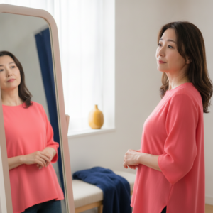 目標達成後、鏡の前で次の目標を静かに考える40代女性のイメージ