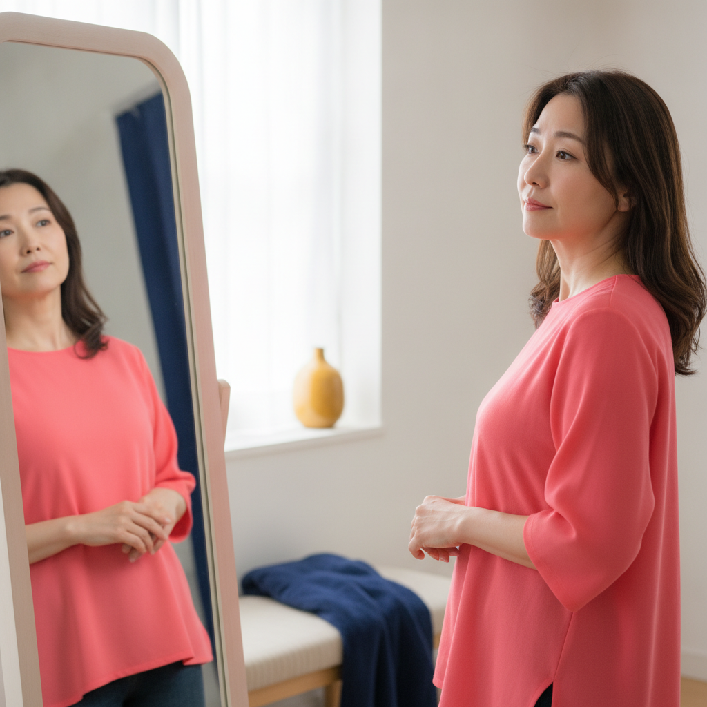 目標達成後、鏡の前で次の目標を静かに考える40代女性のイメージ