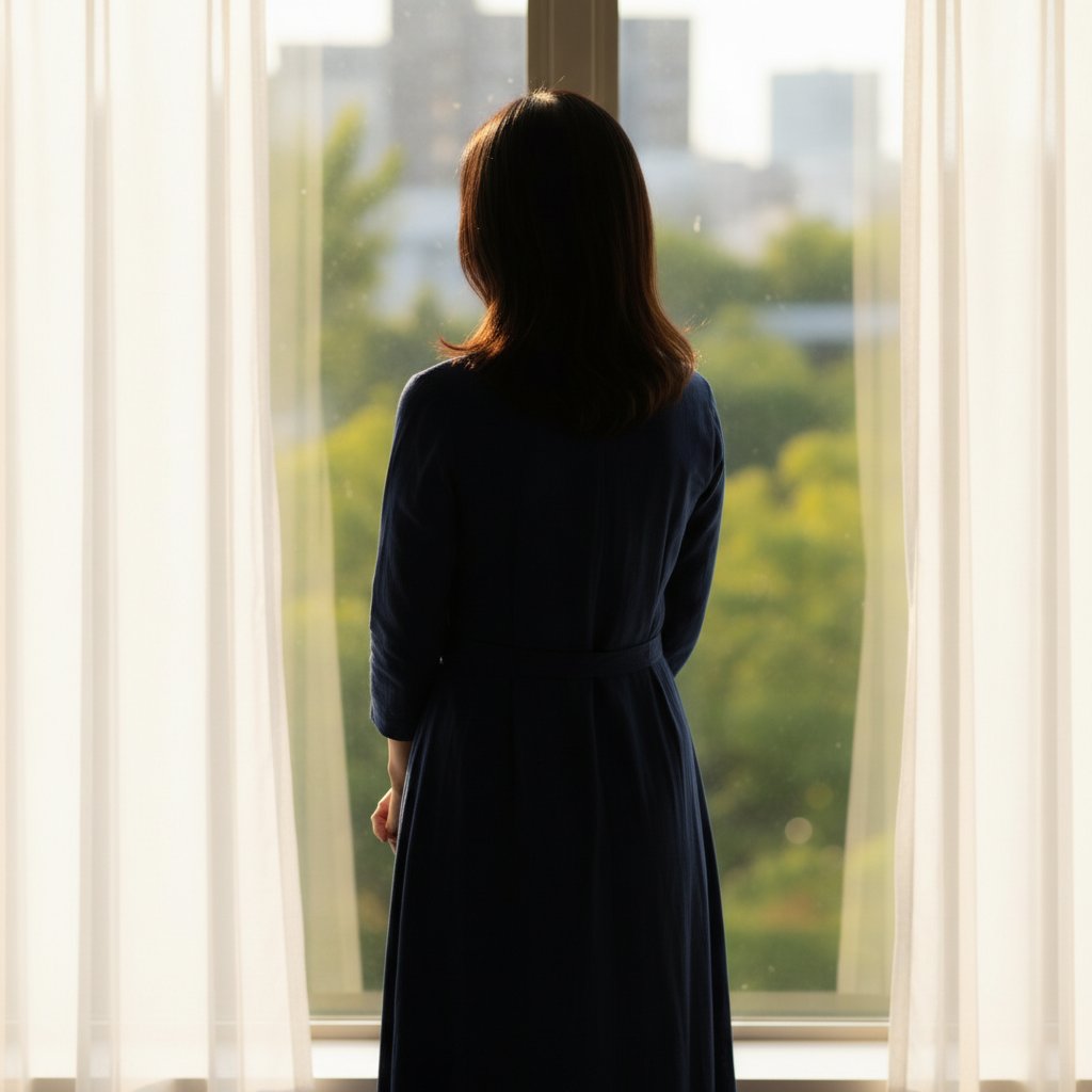 窓辺に立ち、静かに自分と向き合う後ろ姿のイメージ