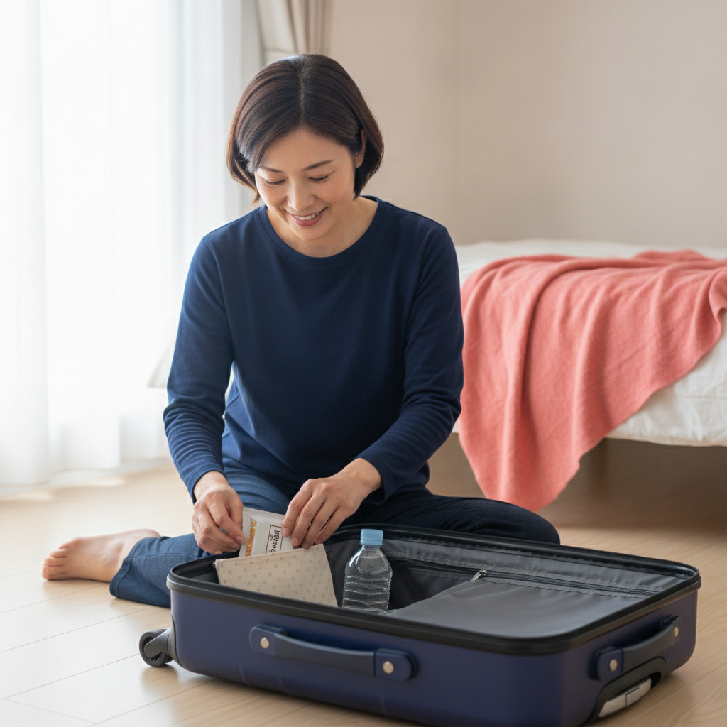 旅行前にプロテインバーと水を荷造りする40代女性のイメージ