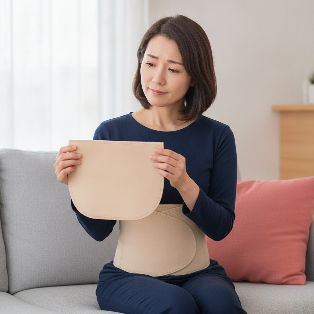 巻くタイプのウエストラップを手に、効果について考える40代女性のイメージ