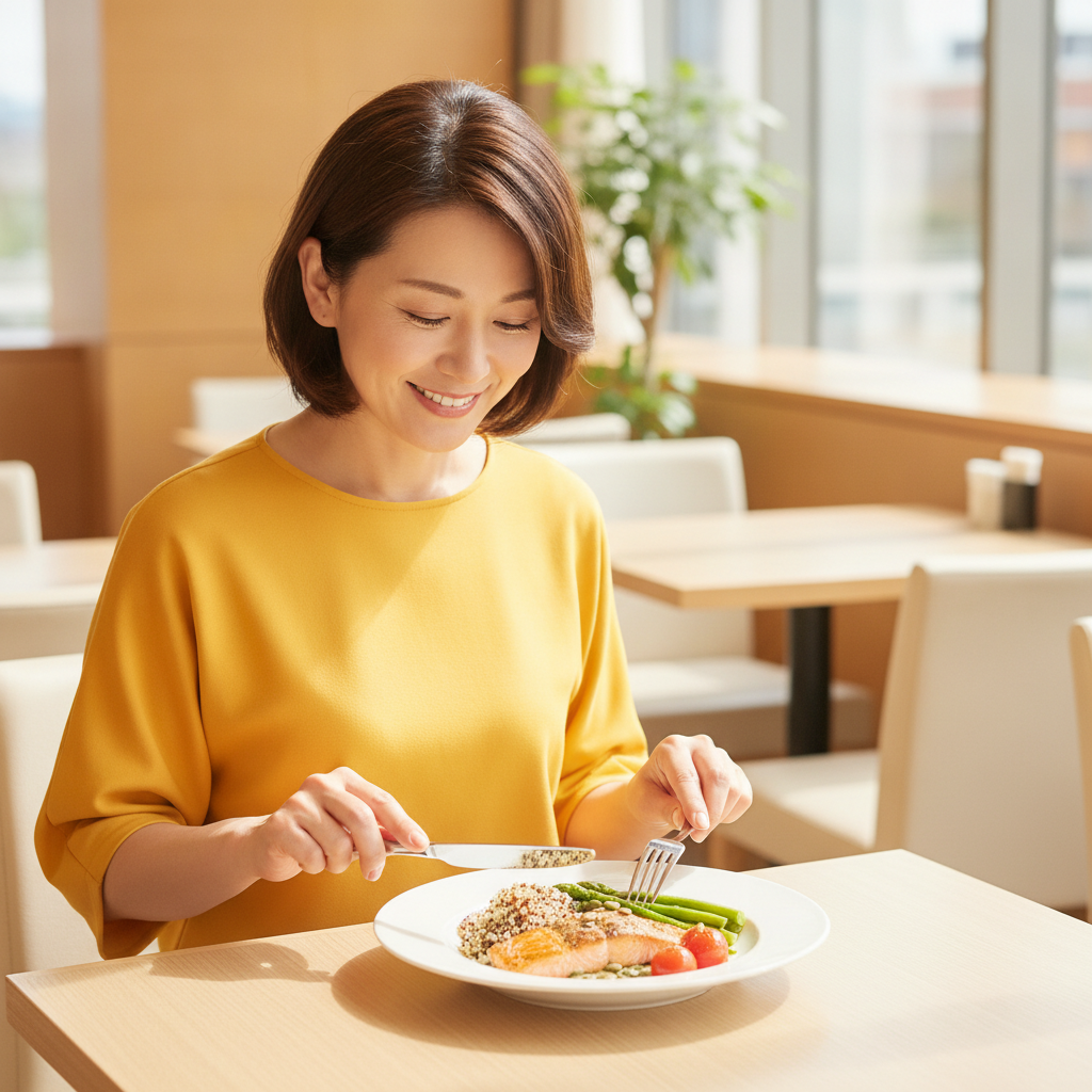 旅先のレストランでバランスの良い食事を楽しむ40代女性のイメージ