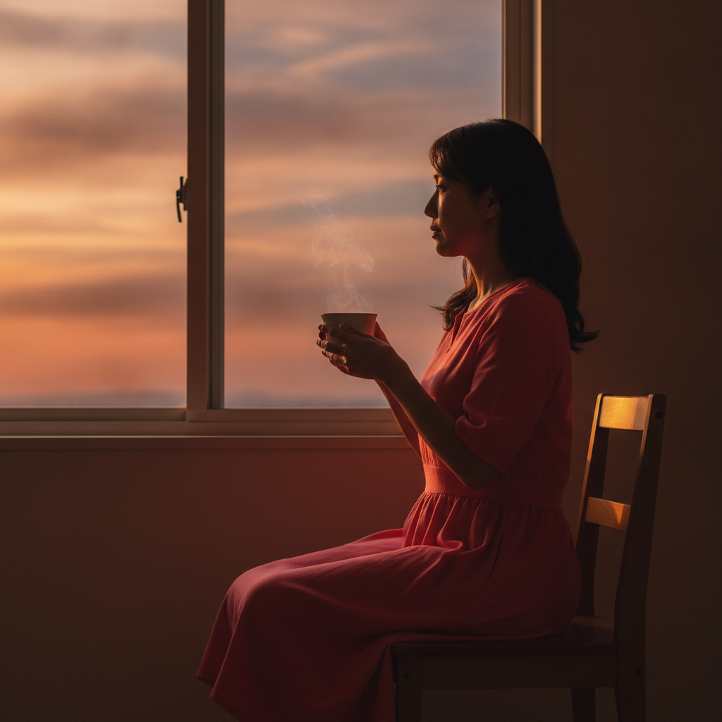 夕暮れの窓辺でカップを手に迷いと向き合う横顔のイメージ