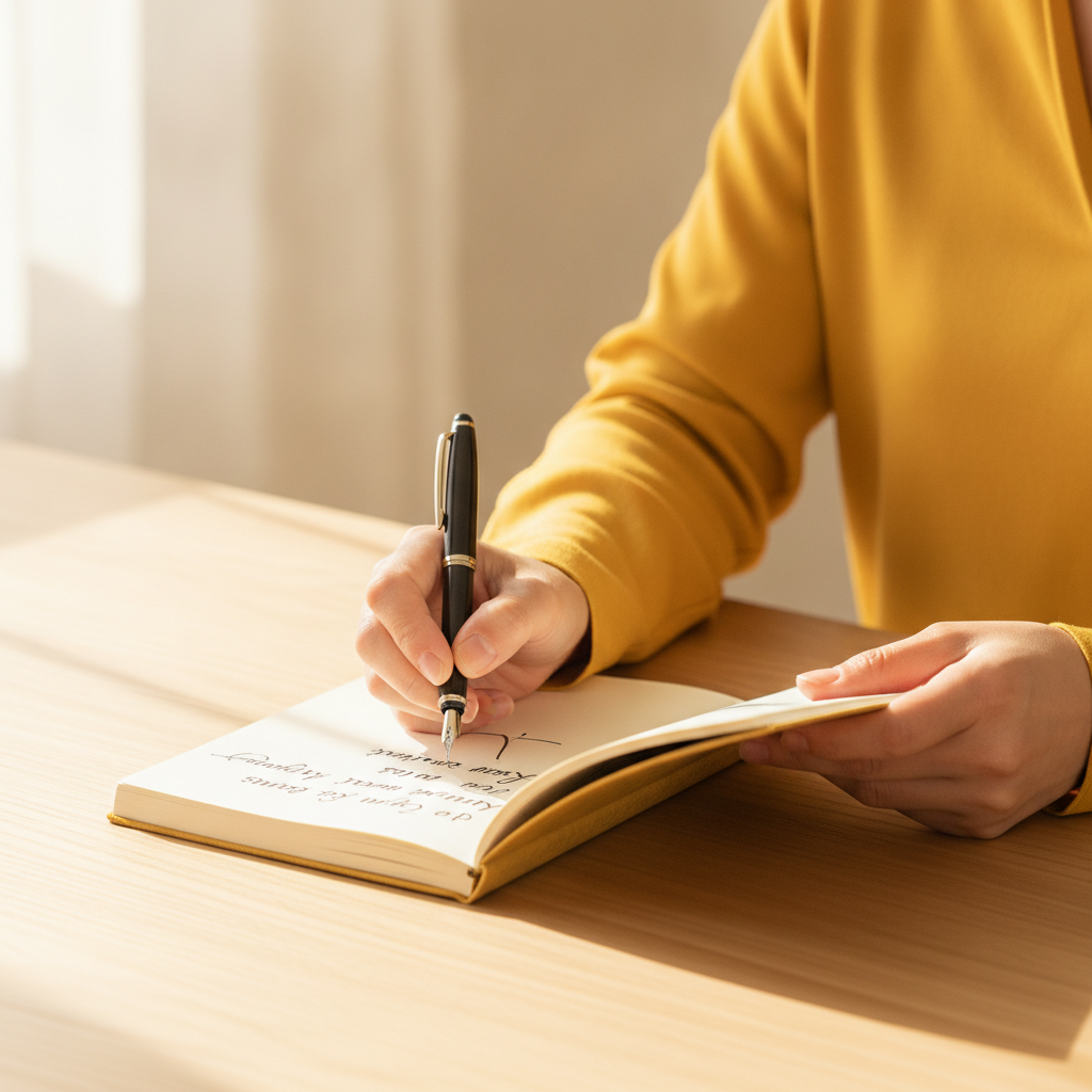 ノートに向かい、新しい一歩を書き記す手元のイメージ