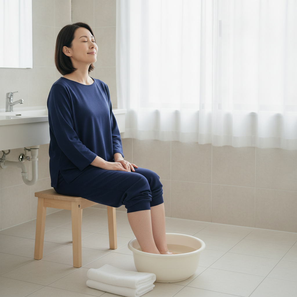 足湯でリラックスしながら巡りを意識する40代女性のイメージ