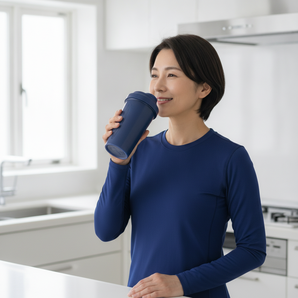 プロテインシェイカーを飲んで満足そうな表情の40代女性のイメージ