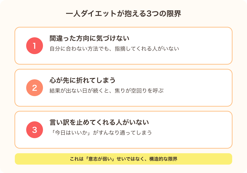 一人ダイエットが陥りやすい3つの限界を示す図解