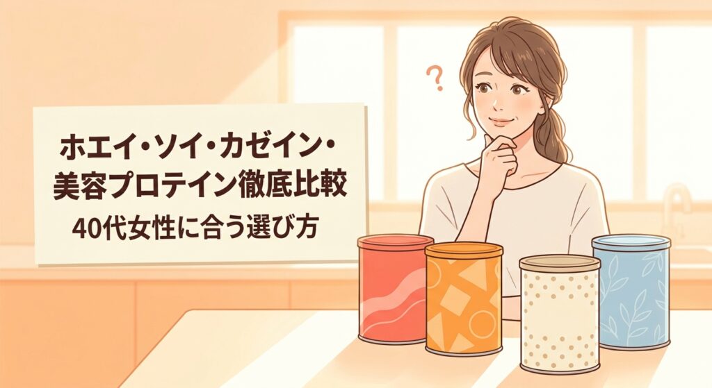 ホエイ・ソイ・カゼイン・美容プロテインの違いを比較しながら40代女性に合う選び方を解説する記事のアイキャッチ画像