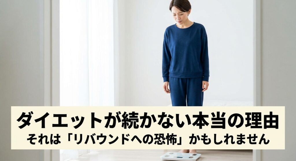 リバウンドへの恐怖から体重計に乗れずに立ち止まる40代女性のイメージ、ダイエットが続かない本当の理由を解説する記事のアイキャッチ画像