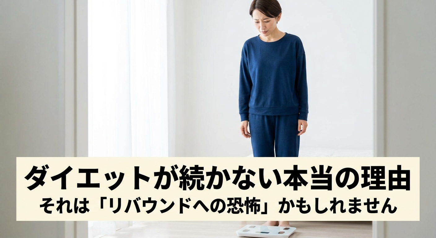 リバウンドへの恐怖から体重計に乗れずに立ち止まる40代女性のイメージ、ダイエットが続かない本当の理由を解説する記事のアイキャッチ画像