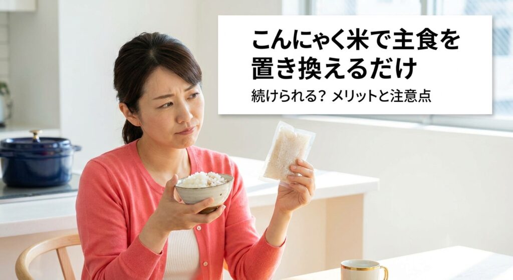 白米とこんにゃく米を見比べながら続けられるか考える40代女性のイメージ、主食置き換えダイエットのメリットと注意点を解説する記事のアイキャッチ画像