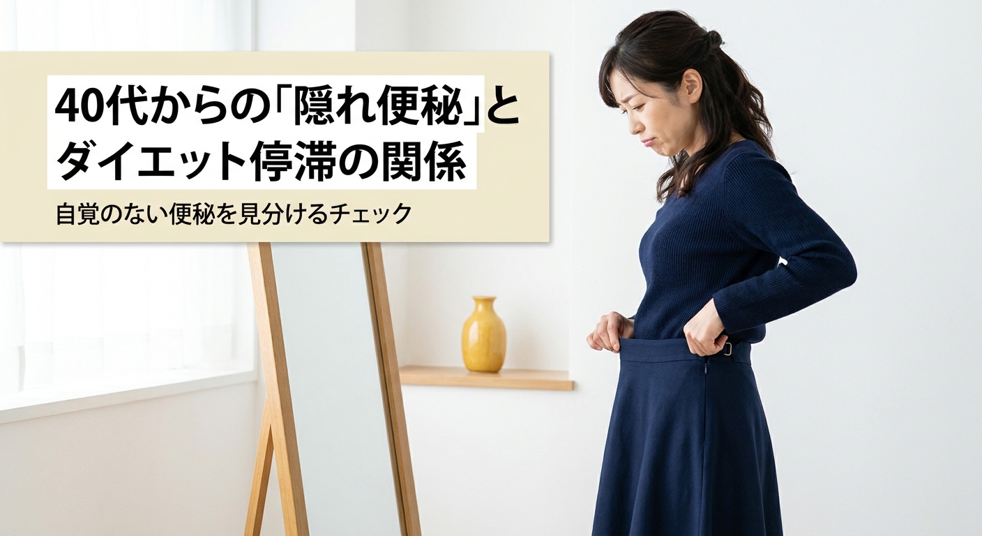 トイレの前でお腹を気にする40代女性のイメージ、隠れ便秘とダイエット停滞の関係を解説する記事のアイキャッチ画像