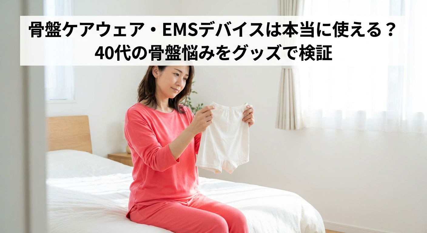 骨盤ケアウェアを手に取り本当に効果があるのか見つめる40代女性のイメージ、骨盤ケアグッズを元トレーナーが検証する記事のアイキャッチ画像
