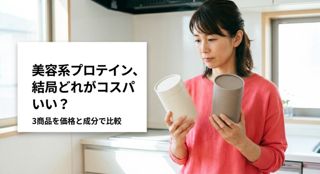 2種類のプロテインパッケージを見比べる40代女性のイメージ、美容系プロテイン3商品のコスパを比較する記事のアイキャッチ画像