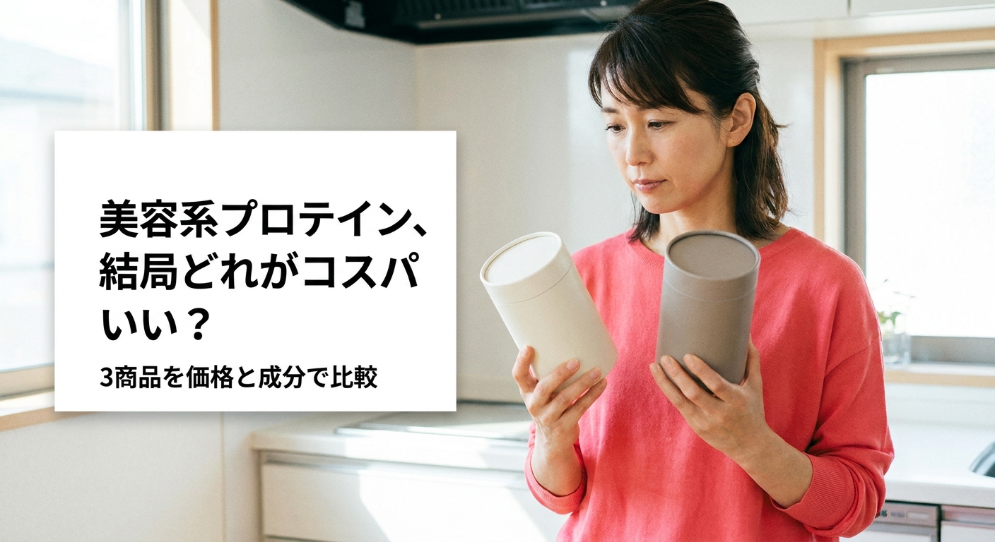 2種類のプロテインパッケージを見比べる40代女性のイメージ、美容系プロテイン3商品のコスパを比較する記事のアイキャッチ画像