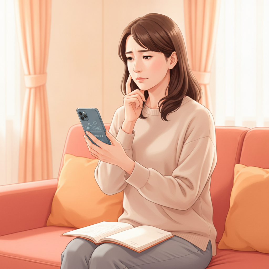 一人でダイエット情報を集めすぎて何が正しいか迷う40代女性のイメージ