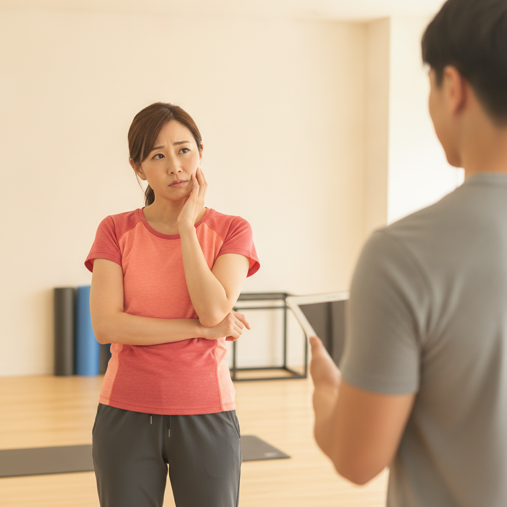 実店舗ジムのフロアでトレーナーが他の会員に対応している間、順番を待ちながら少し戸惑う40代女性のイメージ