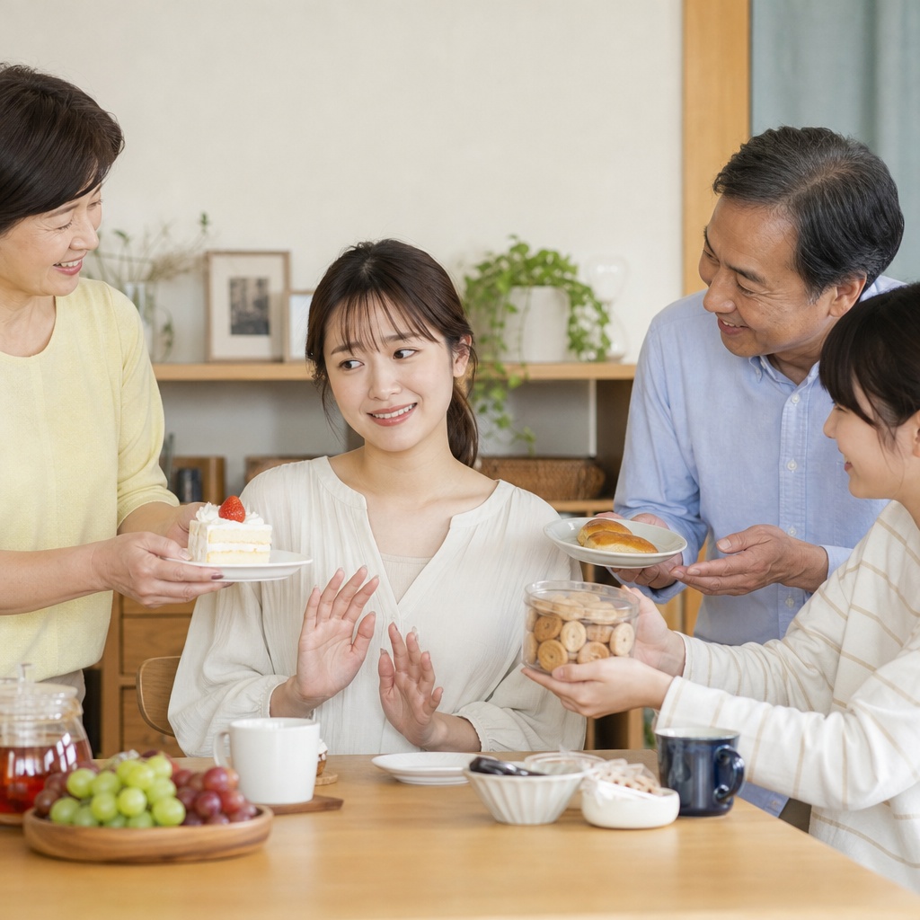 ダイニングテーブルで家族にデザートを勧められ、少し困ったような苦笑いを見せる40代女性のイメージ