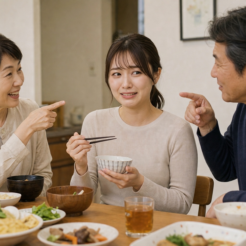 家族に食事内容や体型を軽く茶化され、苦笑いで気まずさを見せる40代女性のイメージ