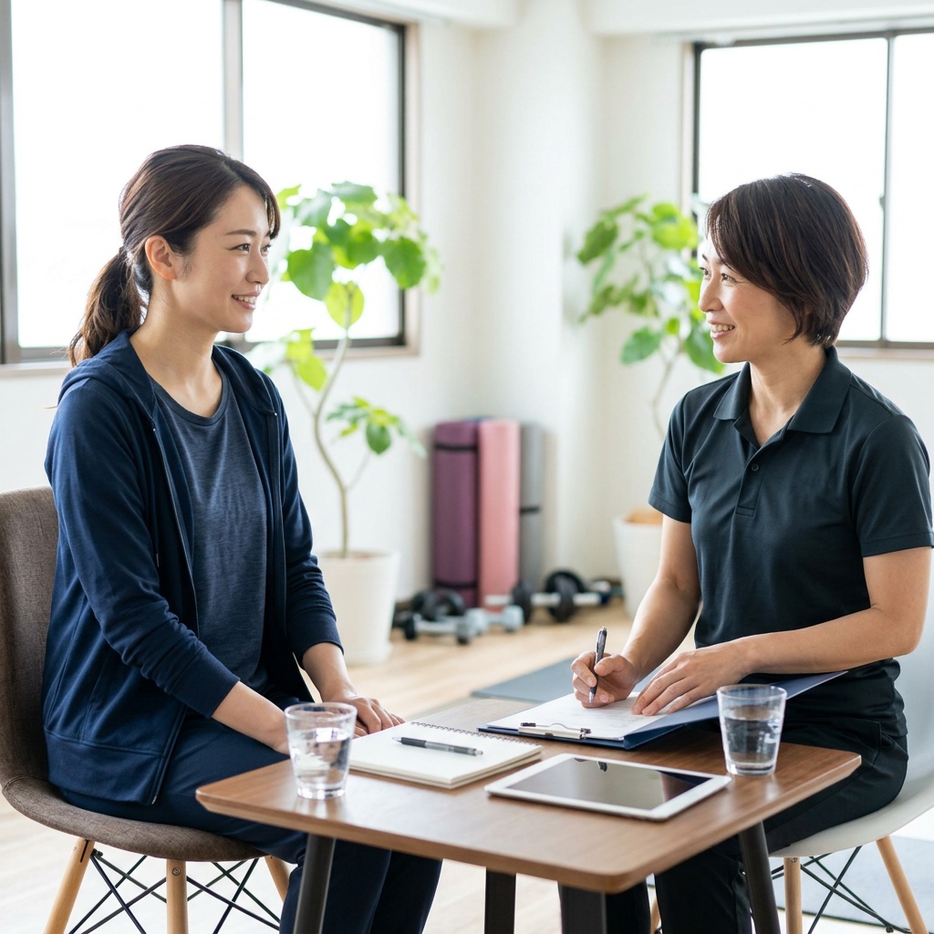 トレーナーらしき相手に安心した表情で相談する40代女性のイメージ